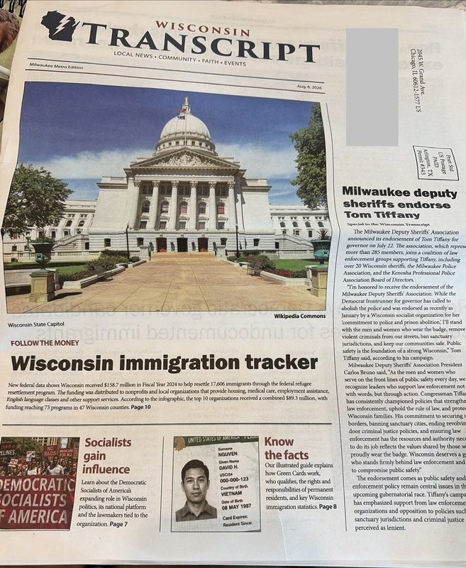 The front page of the Wisconsin Transcript, dated Aug. 6, 2026. The paper arrived in Milwaukee-area mailboxes days before the Aug. 11 primary for governor.