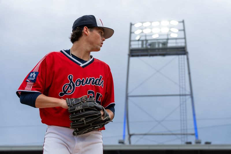Tyson Hardin prepares to throw a pitch at First Horizon Park for the Nashville Sounds in 2026.