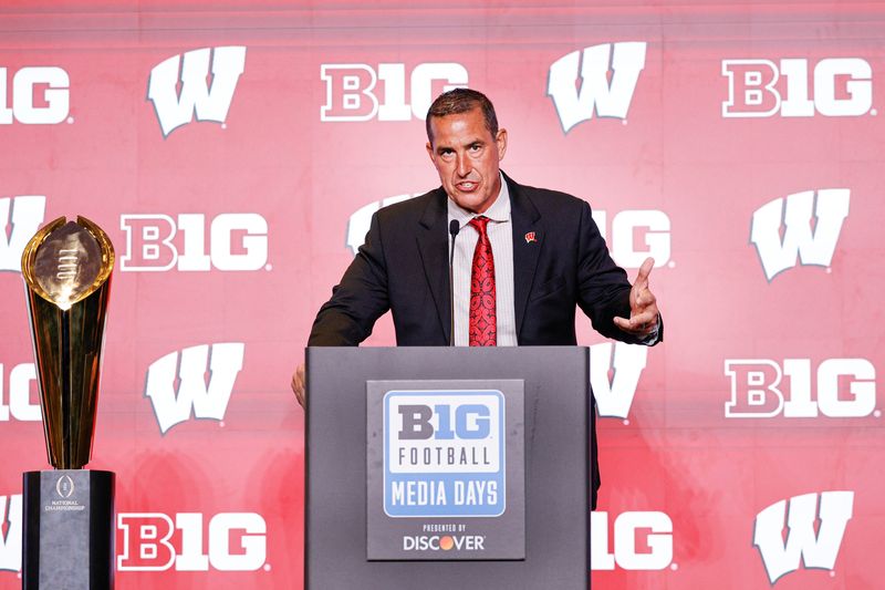Jul 28, 2026; Chicago, IL, USA; Wisconsin Football head coach Luke Fickell speaks during Media Days at Hilton Chicago. Mandatory Credit: Kamil Krzaczynski-Imagn Images