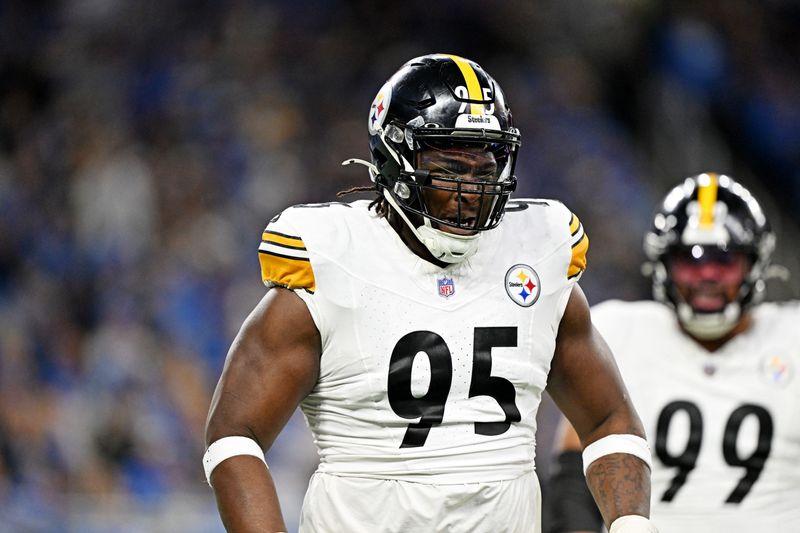 Dec 21, 2025; Detroit, Michigan, USA; Pittsburgh Steelers defensive tackle Keeanu Benton (95) celebrates after a sack during the first quarter against the Detroit Lions at Ford Field. Mandatory Credit: Lon Horwedel-Imagn Images