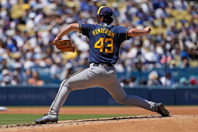 Aug 16, 2026; Los Angeles, California, USA;  Milwaukee Brewers pitcher Logan Henderson (43) throws a pitch against the Los Angeles Dodgers in the first inning at Dodger Stadium. Mandatory Credit: Jon Endow-Imagn Images