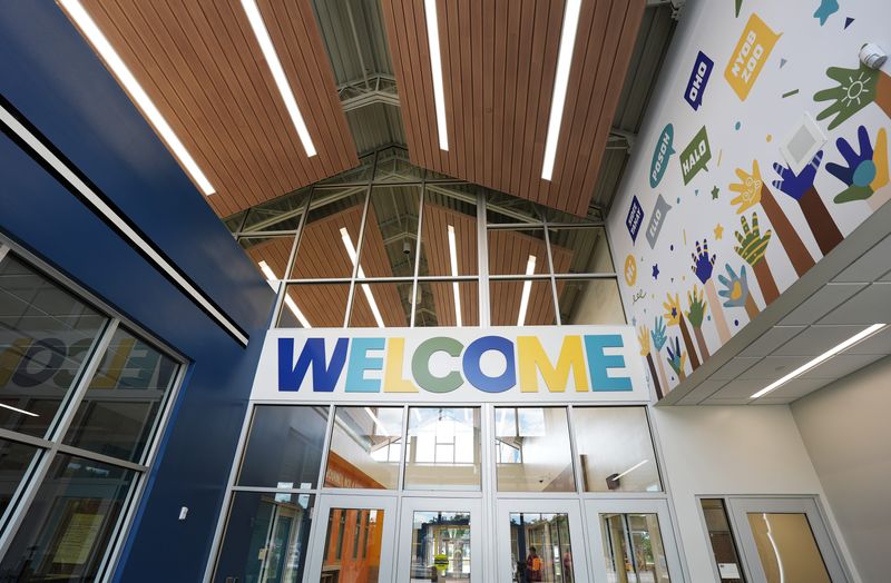 The entrance to the new Starr Elementary School welcomes visitors during a tour for media and school board members on Aug. 17.