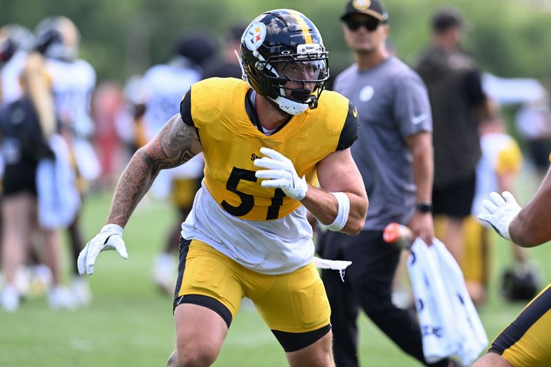 Aug 03, 2026; Latrobe, PA, USA;  Pittsburgh Steelers linebacker Nick Herbig (51) participates in a practice session at Training camp at Saint Vincent College. Mandatory Credit: Barry Reeger-Imagn Images
