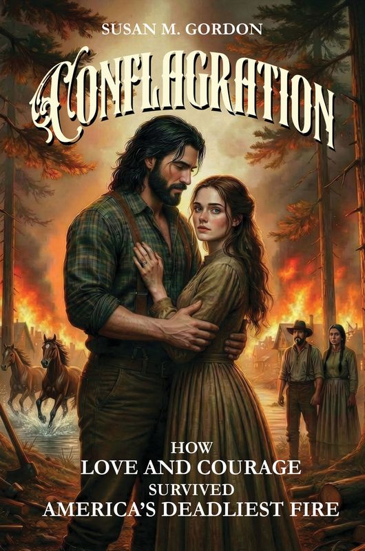The book cover of "Conflagration" a historical fiction romance about The Great Peshtigo Fire of 1871.