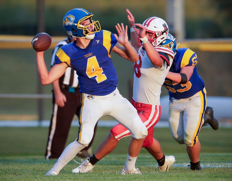 Howards Grove quarterback Harry Schroeder (4) winds up a pass against Valders, Friday, August 21, 2026, in Howards Grove, Wis.